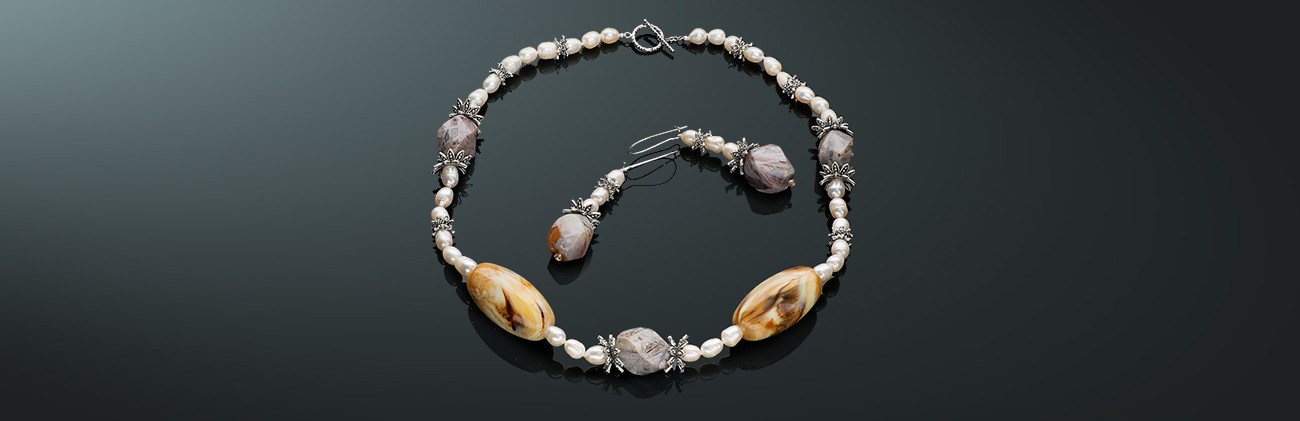 Ожерелье и серьги: пресноводный жемчуг. Замок из ювелирного сплава. ха004ц-45б