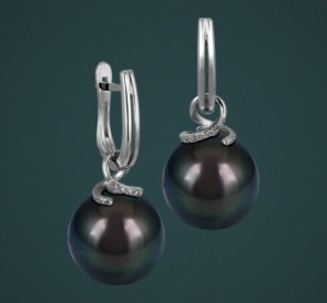 Серьги с жемчугом (белые) бриллианты с-210661бч: чёрный морской жемчуг, золото 585°